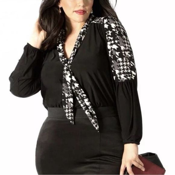 Igigi Gianna Houndstooth Tie Accent Tunic Plus Size 14/16 Black & White Top NWT - Picture 1 of 14